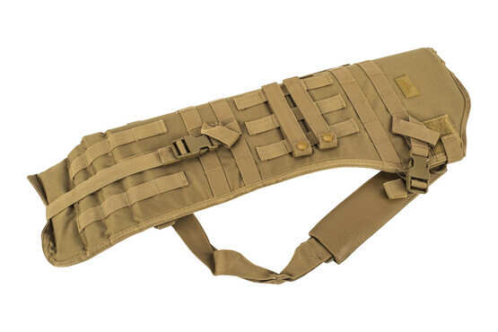 The Red Rock Outdoor Gear Rifle Scabbard in Coyote Brown is compatible with MOLLE webbing
